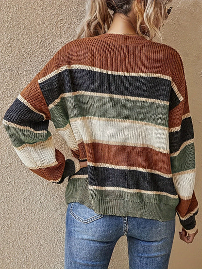 Suéter de rayas color bloque cómodo para mujeres con cuello redondo, manga larga y estilo de punto relajado y oversize