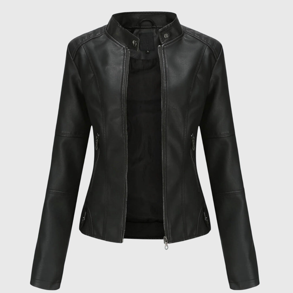 Chaqueta de Moto de Cuero Sintético Elegante para Mujeres con Cuello Alto, Manga Larga y Estilo Ajustado