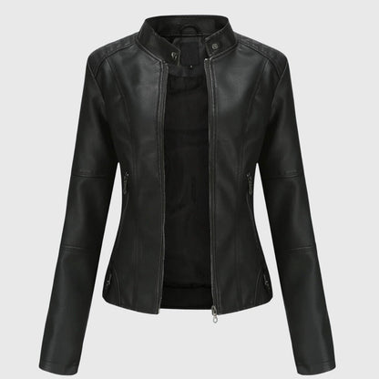 Chaqueta de Moto de Cuero Sintético Elegante para Mujeres con Cuello Alto, Manga Larga y Estilo Ajustado