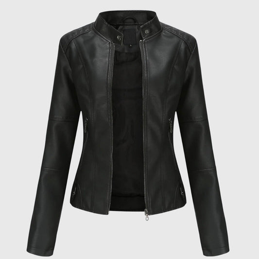 Chaqueta de Moto de Cuero Sintético Elegante para Mujeres con Cuello Alto, Manga Larga y Estilo Ajustado