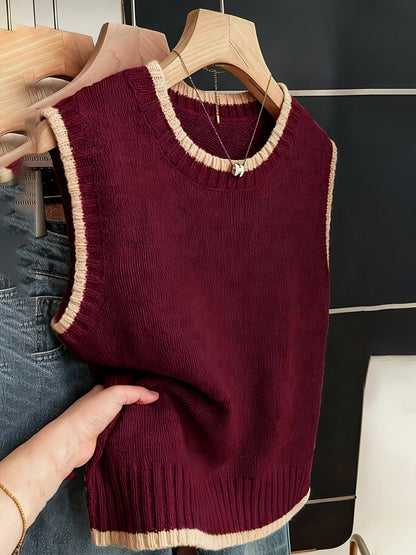Chaleco de Suéter de Contraste Cómodo para Mujeres con Cuello Redondo, Sin Mangas, dobladillo Acanalado, Estilo Oversized
