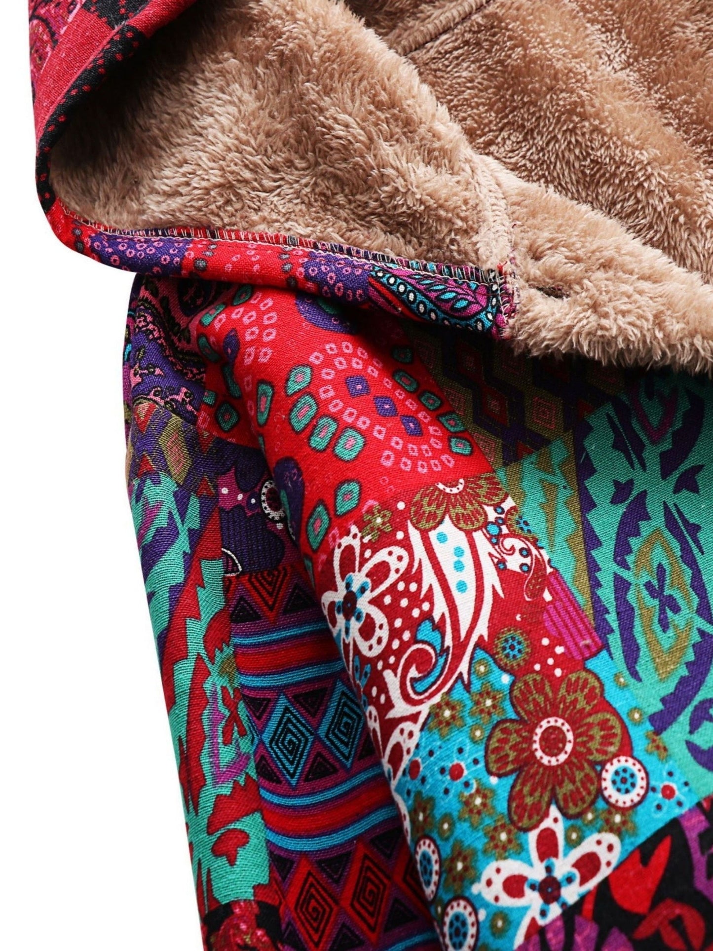 Abrigo de forro polar con estampado de patchwork sin esfuerzo para mujeres, con capucha, manga larga, frente abotonado y estilo bohemio oversized