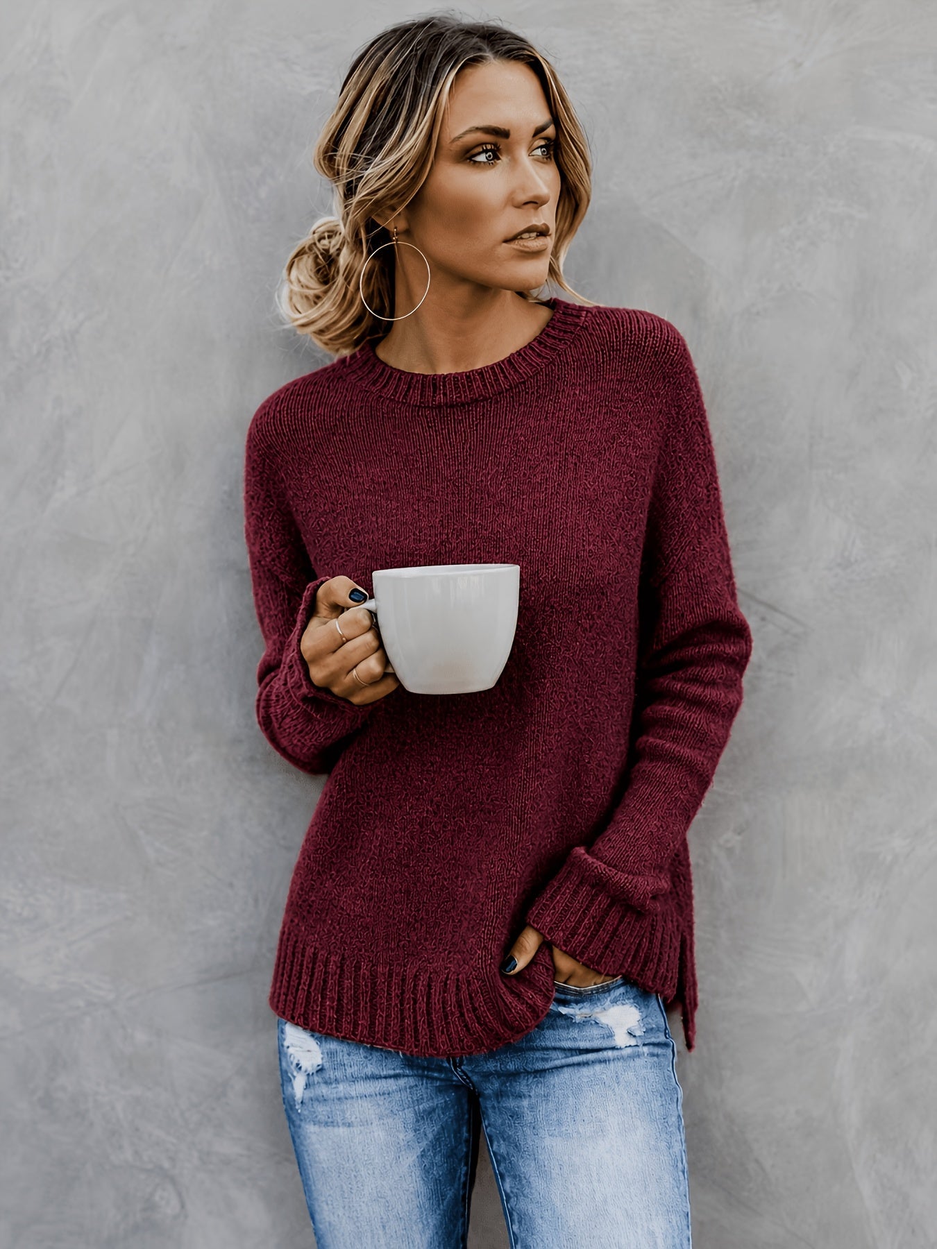 Suéter de Punto Melange Cómodo para Mujeres con Cuello Redondo, Mangas Largas y Puños de Campana, Estilo Oversized y Relajado