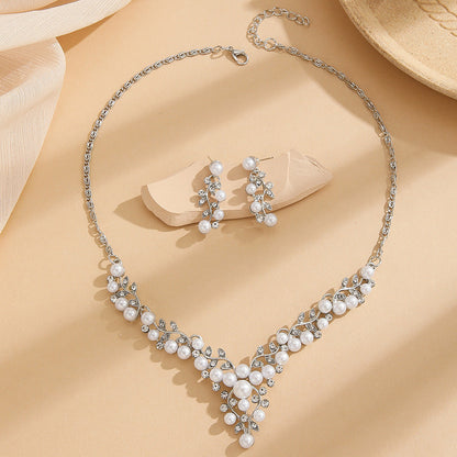 Conjunto de Collar de Perlas de Uva Elegante con Rhinestones para Mujeres con Estilo de Novia de Hoja de Vid en Forma de V