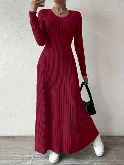 Elegante Vestido Largo de Punto Acanalado para Mujeres con Escote en V y Manga Larga Ajustado y Fluido