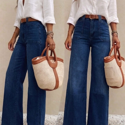 Jeans de Pierna Ancha de Color Azul Oscuro para Mujeres con Estilo de Cintura Alta y Cinturón