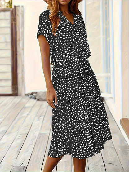 Vestido Midi de Lunares Multicolor sin Esfuerzo para Mujeres con Cuello, Manga Corta, Botones en el Frente y Cintura Ajustable Estilo Casual