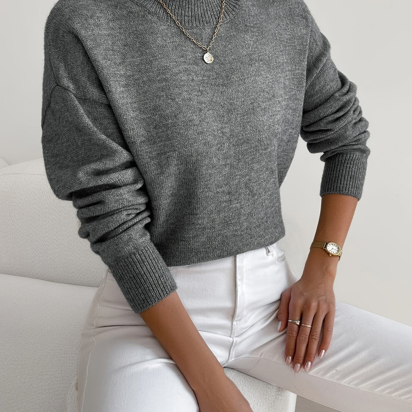 Suéter de punto cómodo para mujeres con cuello alto, mangas largas y estilo relajado y oversized