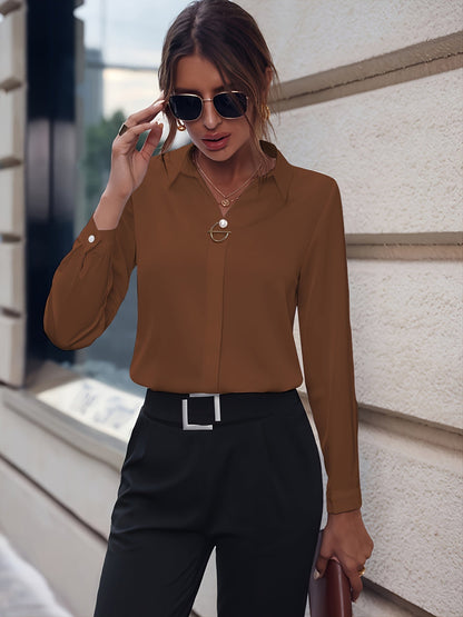 Blusa Elegante de Manga Larga con Detalles de Botones de Perla - Ajuste Slim, Camisa de Color Sólido Versátil para Mujeres, Perfecta para Uso Casual o de Oficina