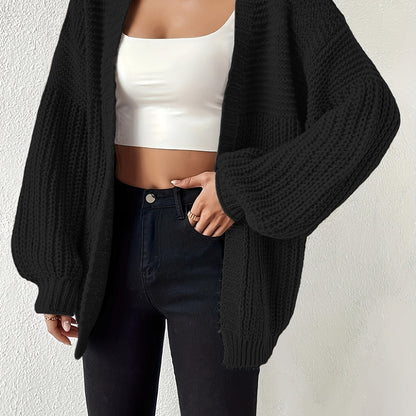 Cárdigan de Punto Grueso Cómodo para Mujeres con Frente Abierto y Mangas Globo, Estilo Oversized y Relajado
