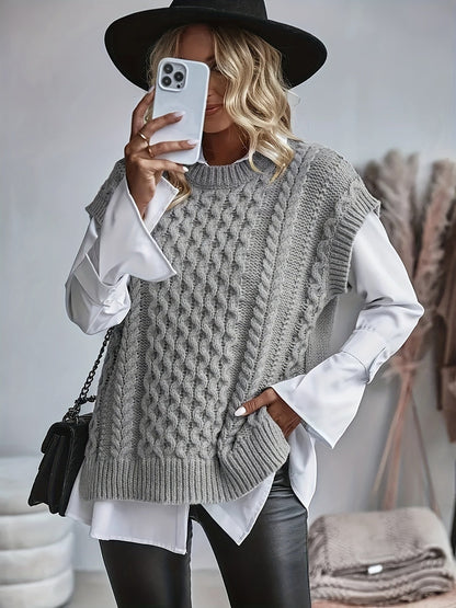 Chaleco de Punto Trenzado Cómodo para Mujeres con Cuello Redondo Sin Mangas Estilo Oversized