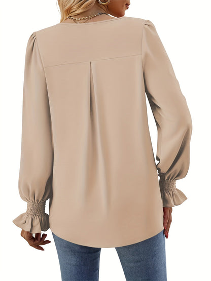 Blusa Sin Esfuerzo para Mujeres con Cuello en V, Manga Globo y Puños Fruncidos, Estilo Relajado
