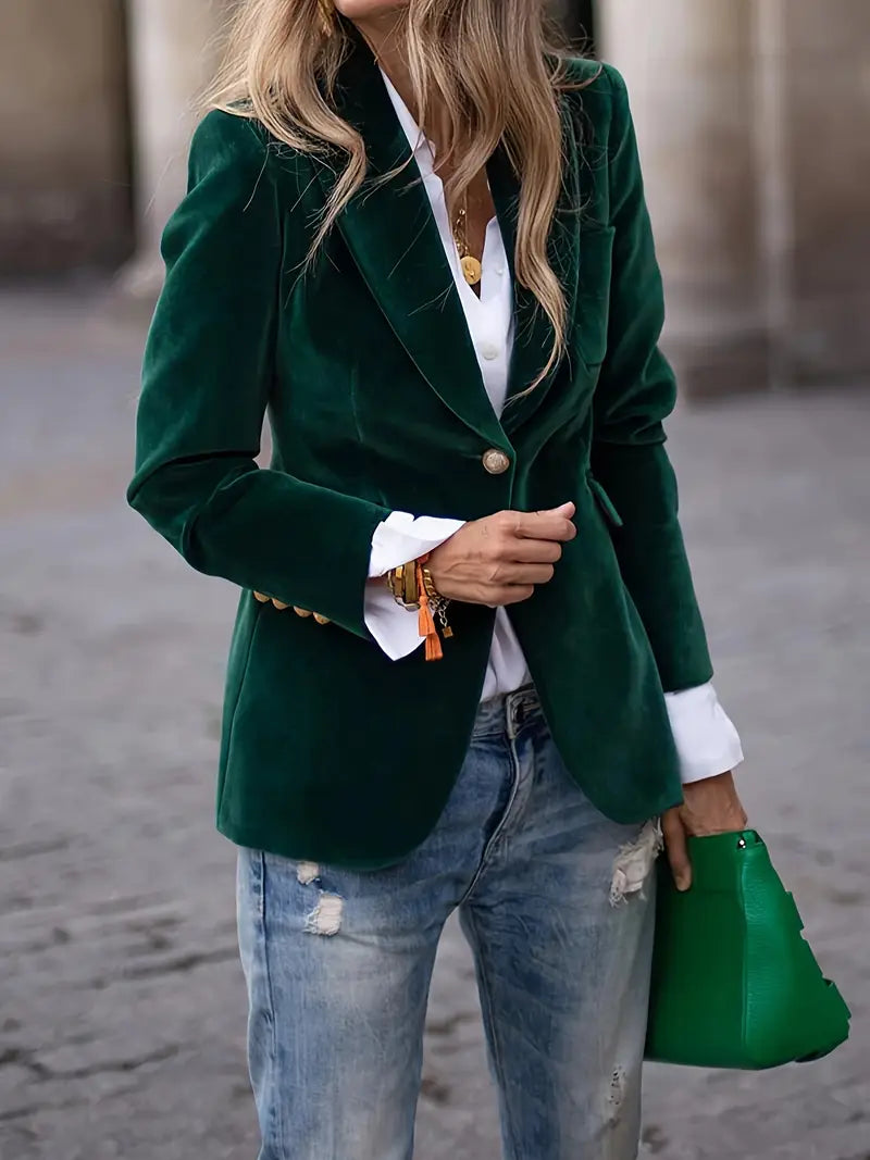 Blazer de Terciopelo Elegante para Mujeres con Solapa, Manga Larga, Botón Único y Estilo Formal