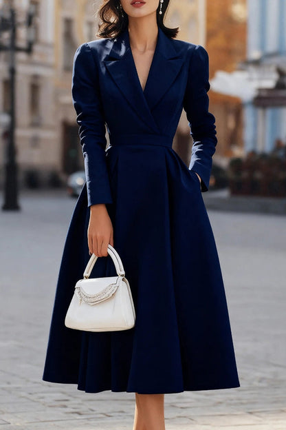 Vestido Midi Elegante de Corte Entallado y Acampanado para Mujeres con Cuello de Solapa, Manga Larga, Pliegues y Bolsillos, Estilo Coctel