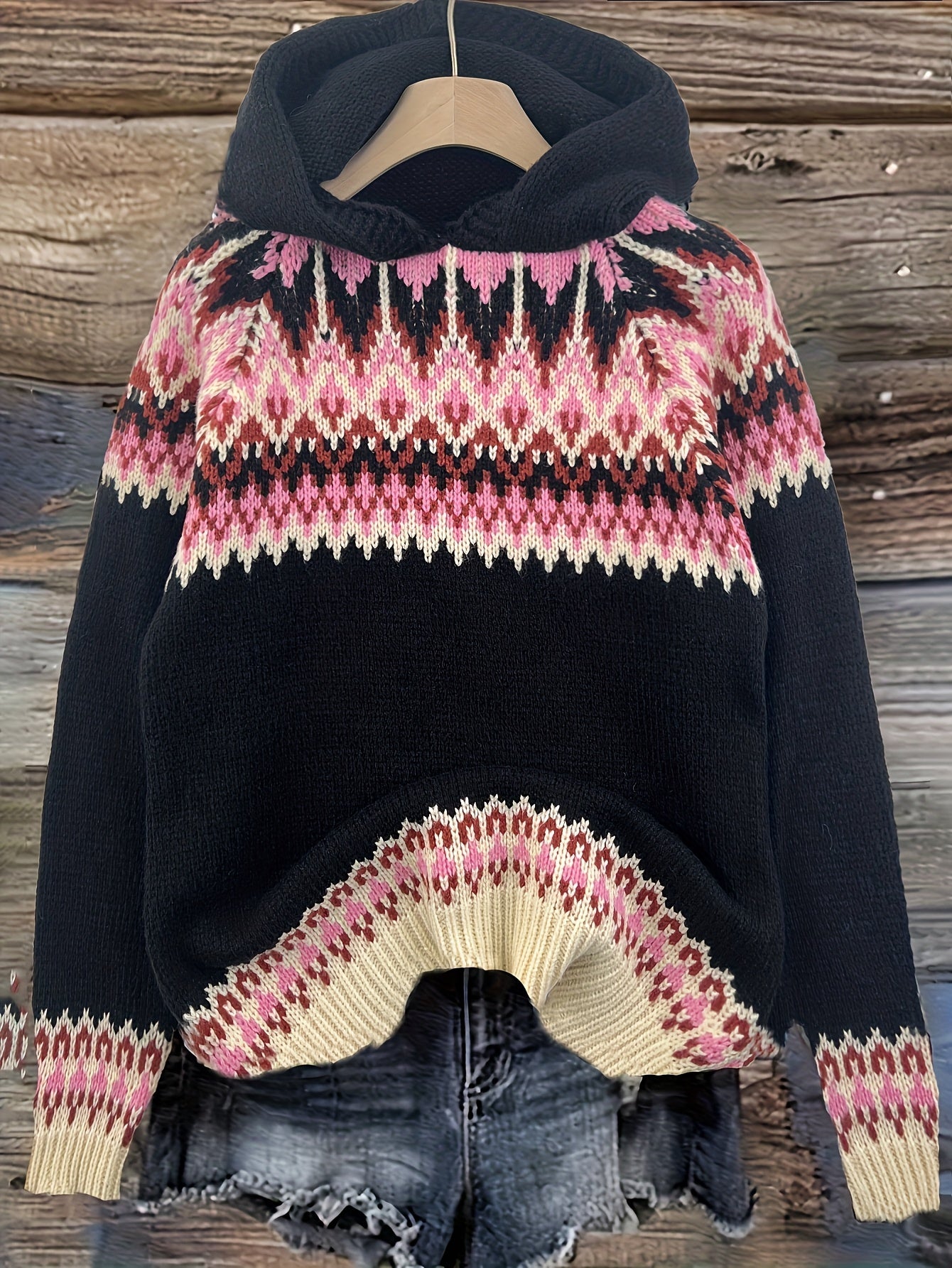 Suéter Cómodo Fair Isle para Mujeres con Capucha y Manga Larga Relajada de Estilo Oversized