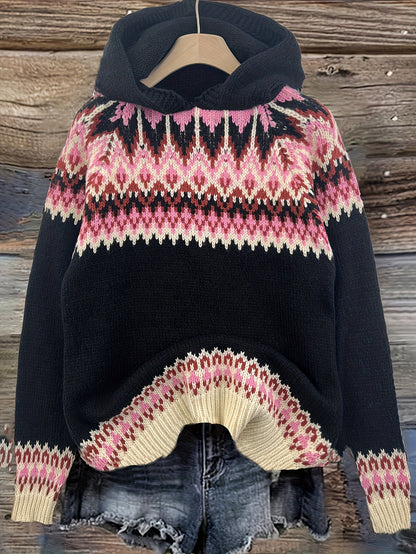 Suéter Cómodo Fair Isle para Mujeres con Capucha y Manga Larga Relajada de Estilo Oversized