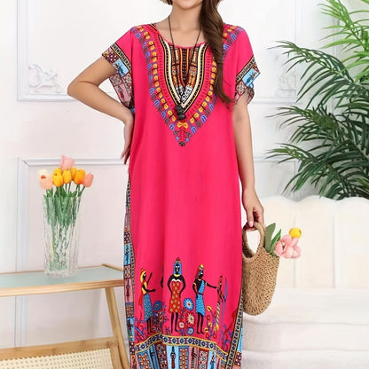 Vestido Kaftán de Impresión Tribal Sin Esfuerzo para Mujeres con Escote en V y Manga Corta Estilo Bohemio