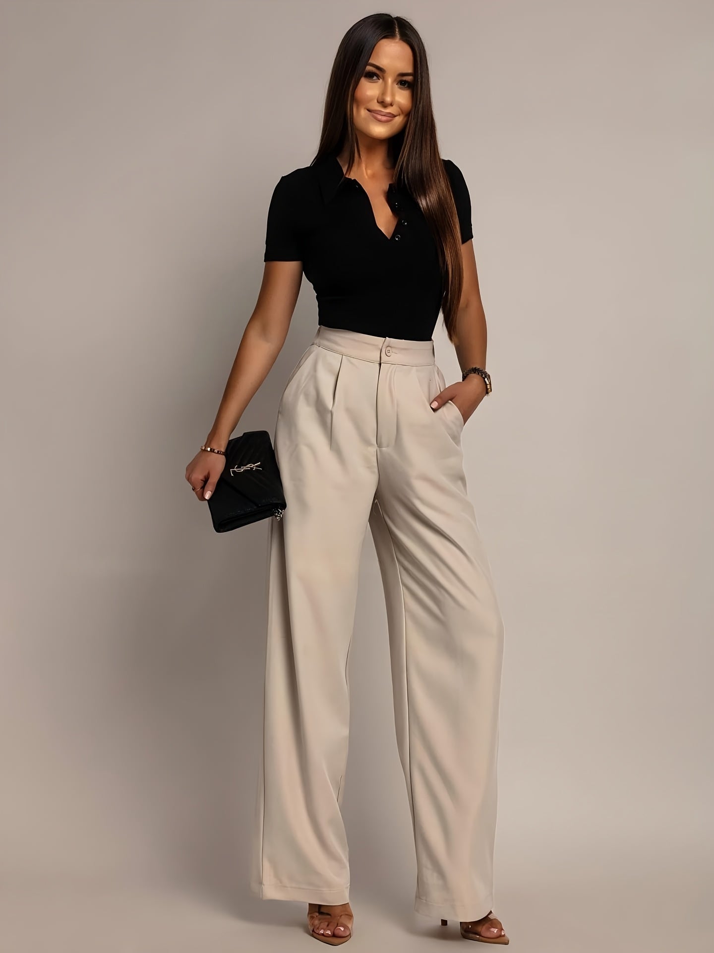 Pantalones de Pierna Ancha Sin Esfuerzo para Mujeres con Cintura Alta y Frente Plisado en Estilo Relajado y Ajustado