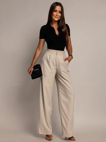 Pantalones de Pierna Ancha Sin Esfuerzo para Mujeres con Cintura Alta y Frente Plisado en Estilo Relajado y Ajustado