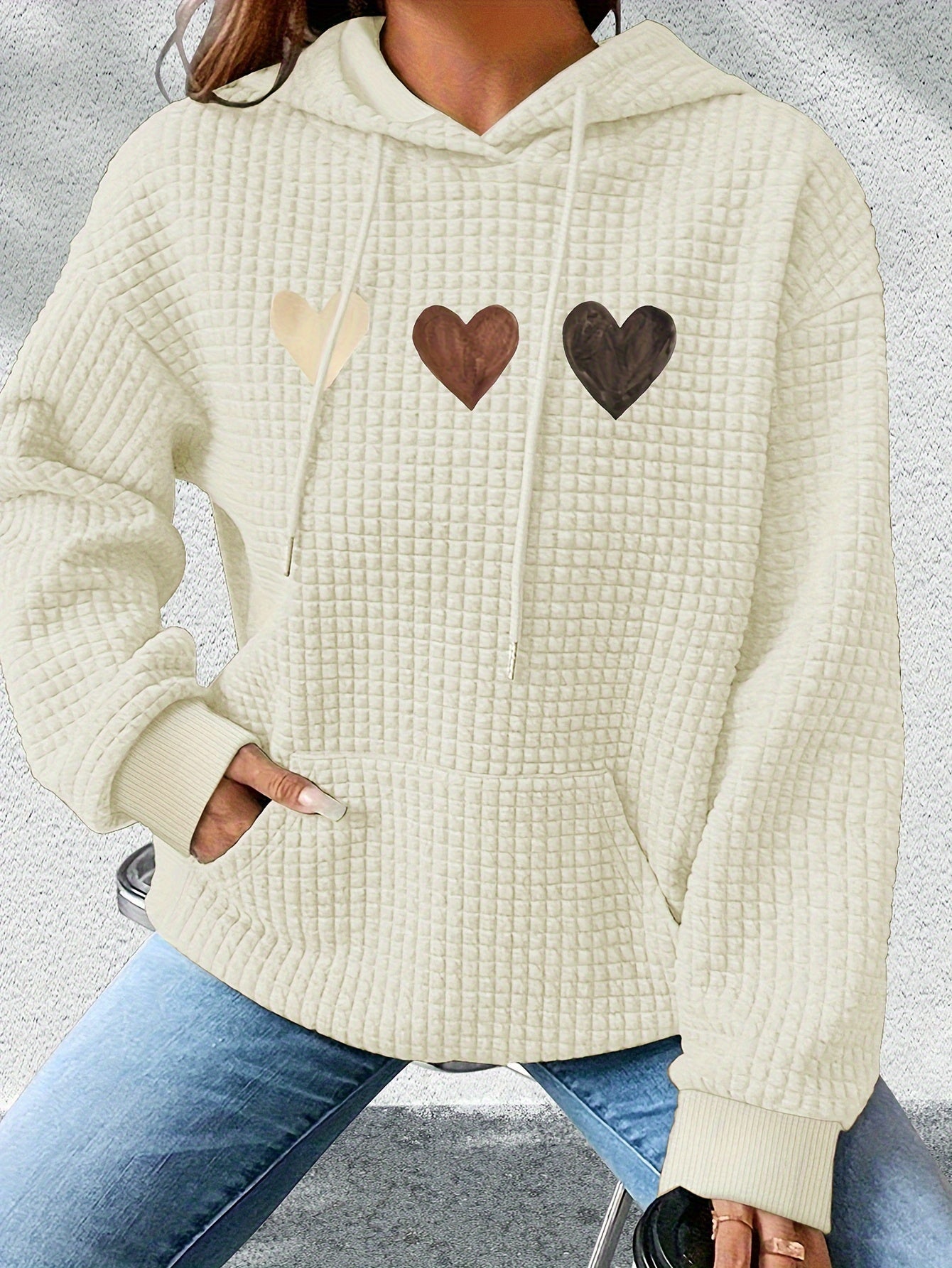 Sudadera de punto waffle con estampado de corazones cómoda para mujeres, con capucha, mangas largas y bolsillo canguro, estilo oversized