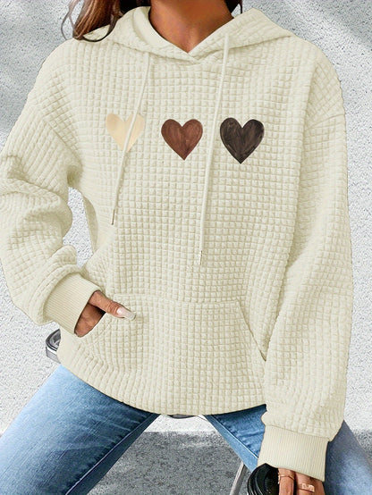 Sudadera de punto waffle con estampado de corazones cómoda para mujeres, con capucha, mangas largas y bolsillo canguro, estilo oversized