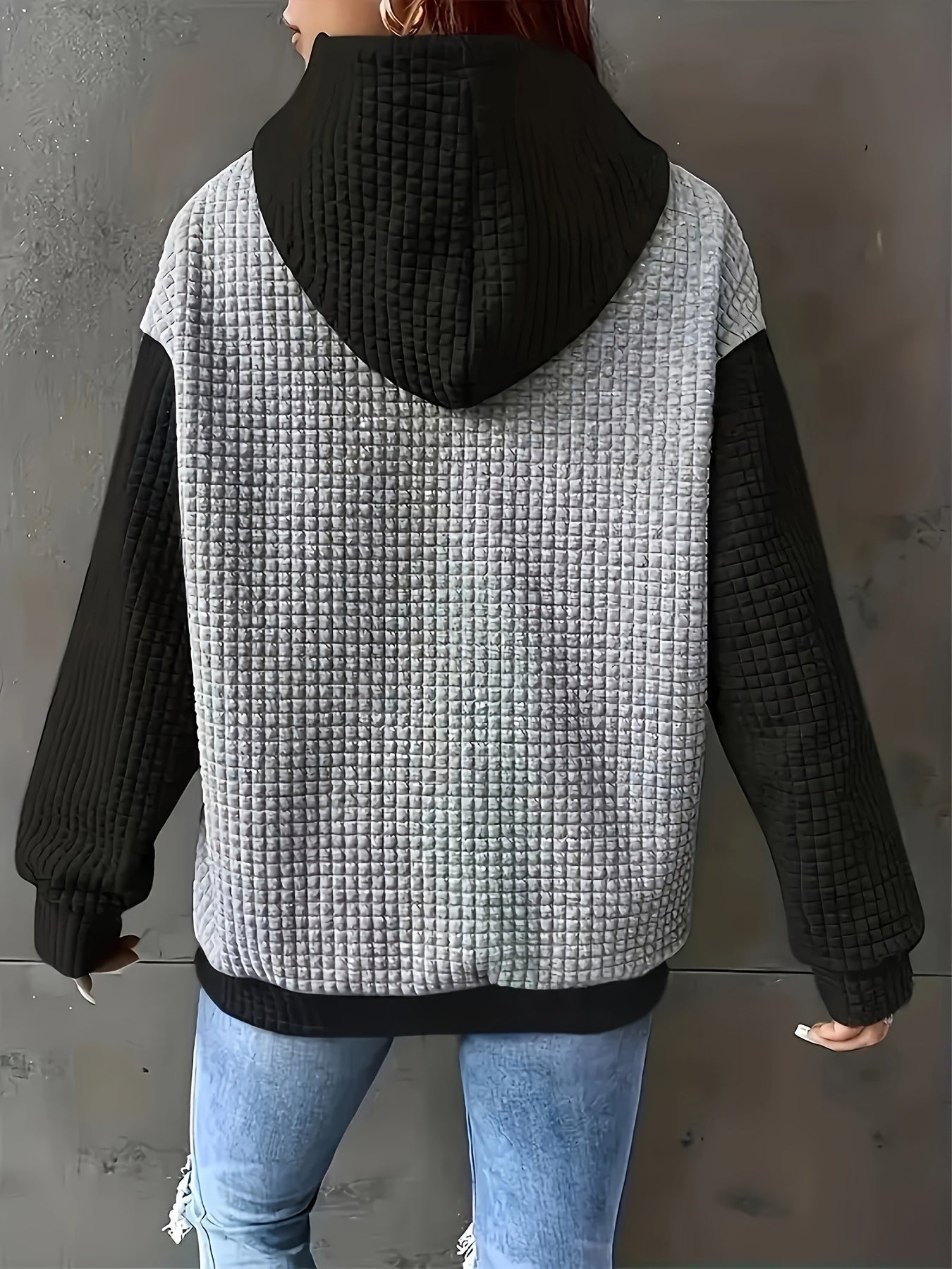 Sudadera Texturizada Colorblock Cómoda para Mujeres con Capucha Ajustable, Manga Larga y Bolsillo Canguro, Estilo Oversized