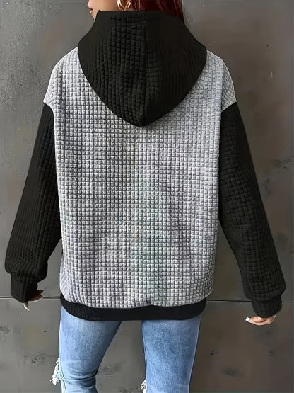 Sudadera Texturizada Colorblock Cómoda para Mujeres con Capucha Ajustable, Manga Larga y Bolsillo Canguro, Estilo Oversized
