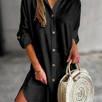 Vestido Camisa Sin Esfuerzo para Mujeres con Cuello, Manga Larga, Botones en la Parte Frontal, Estilo Casual Relajado