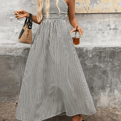Vestido Maxi Elegante de Rayas Negras para Mujeres con Escote Cuadrado Sin Mangas Estilo Alto-Bajo