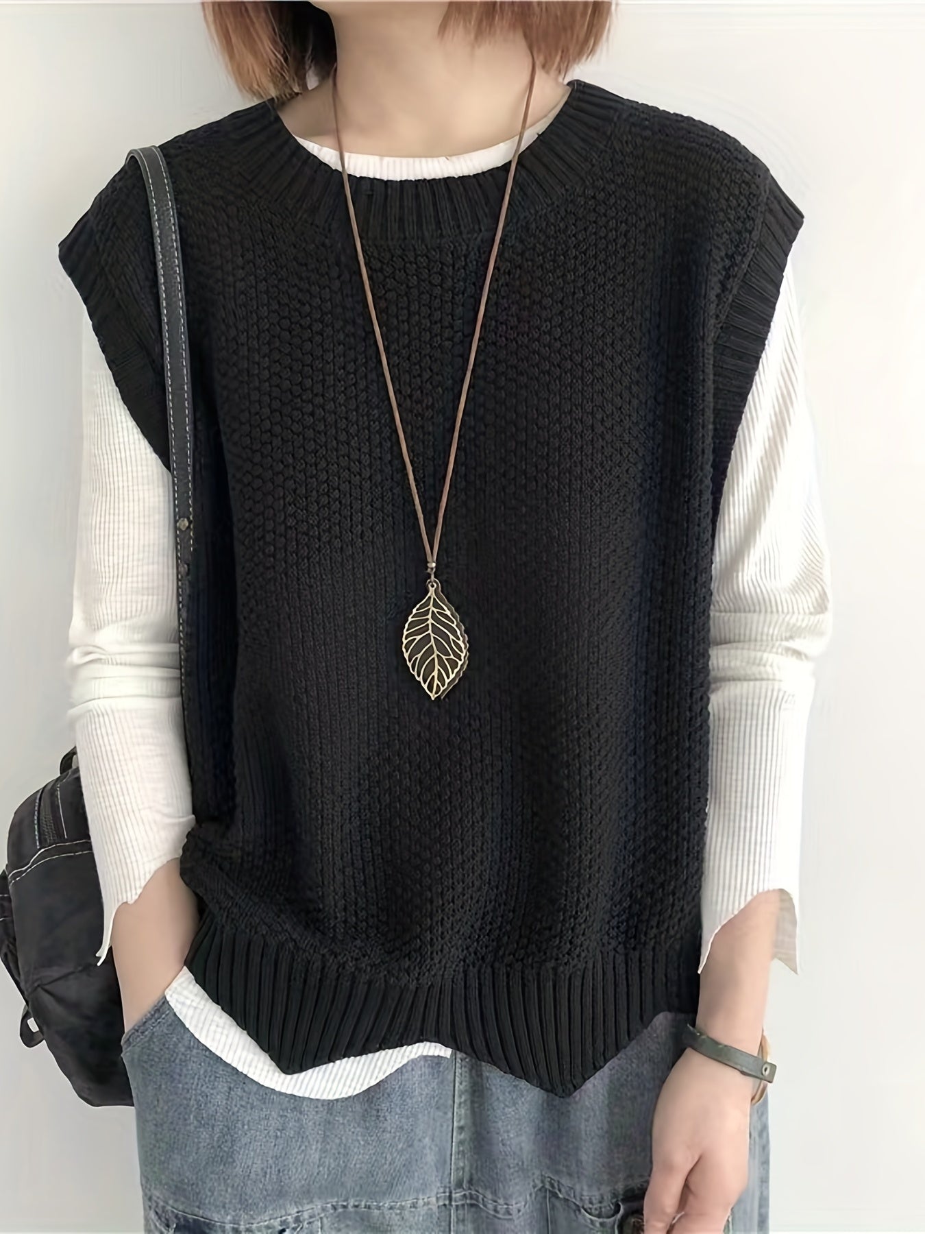 Chaleco de Suéter de Punto Grueso Cómodo para Mujeres con Cuello Redondo Sin Mangas Estilo Relajado y Oversized