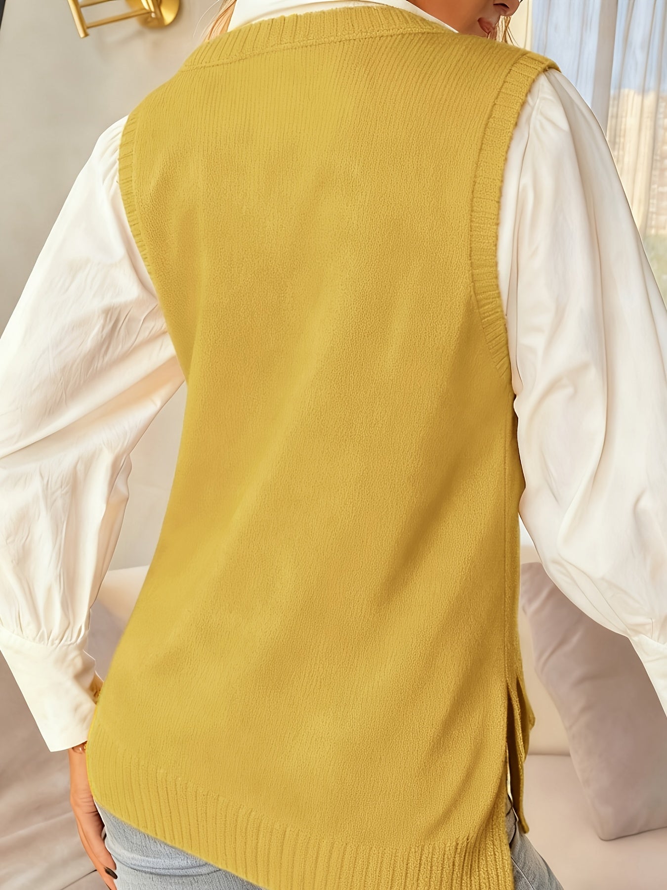 Chaleco de Punto Acanalado Cómodo para Mujeres con Cuello en V, Sin Mangas y Estilo Relajado y Oversized