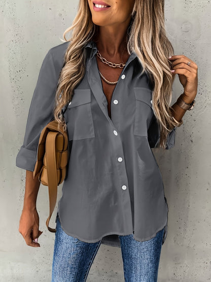 Blusa de Bolsillo Utilitaria sin Esfuerzo para Mujeres con Cuello y Manga Larga de Corte Curvado Relajado