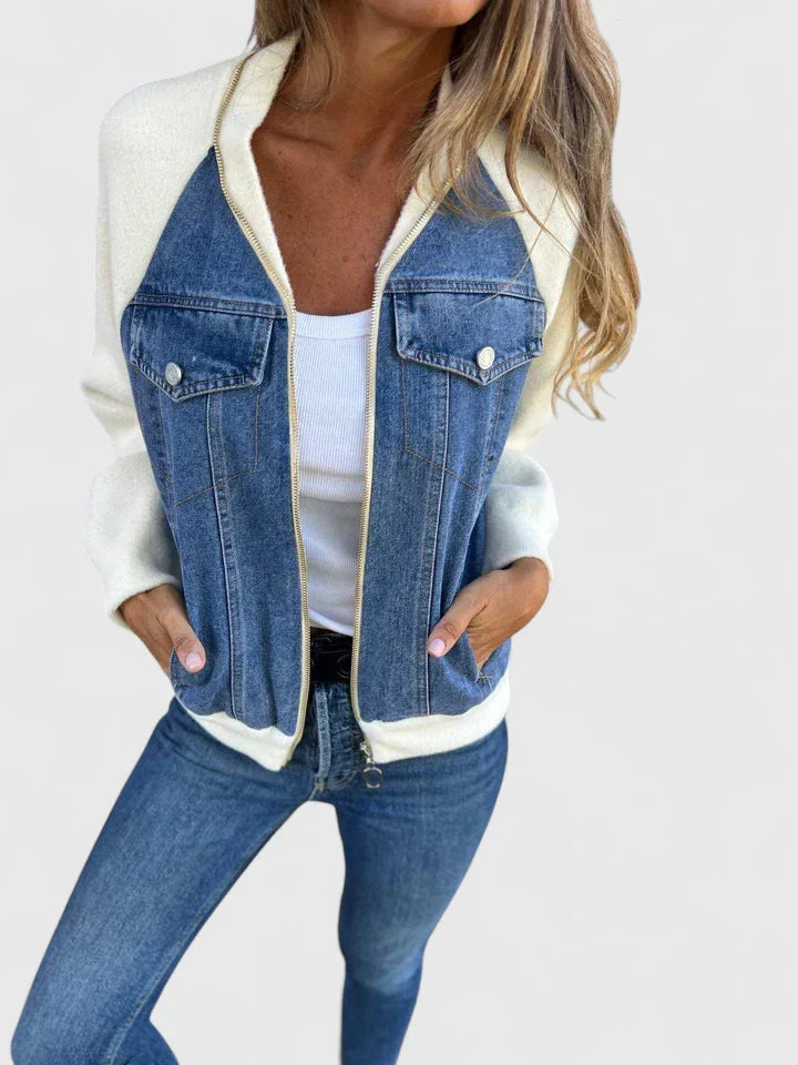 Chaqueta Bomber de Denim Sin Esfuerzo para Mujeres con Cierre Frontal, Manga Larga, Estilo Casual a Rayas