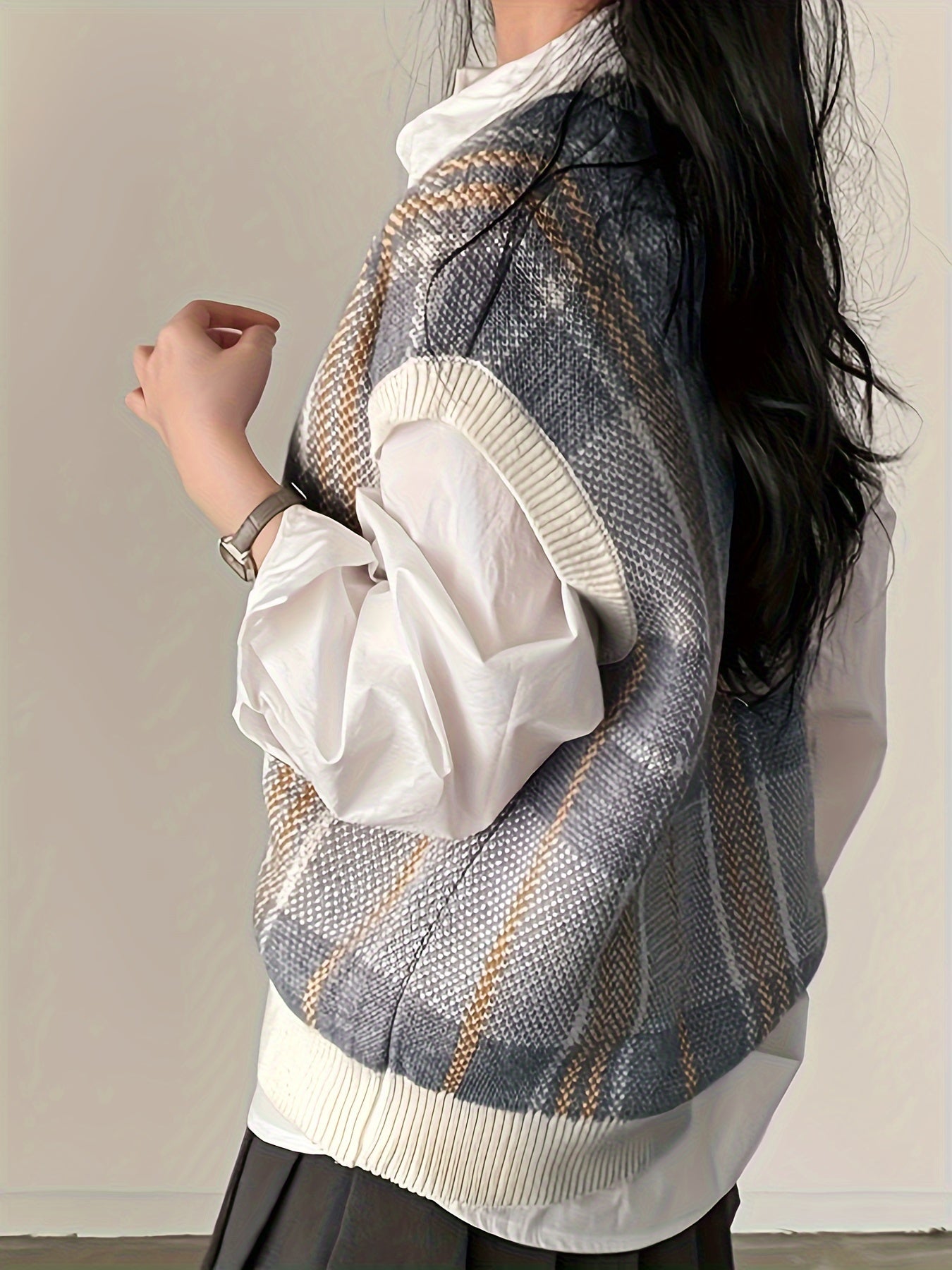 Chaleco de Suéter a Cuadros Cómodo para Mujeres con Cuello en V Sin Mangas y Ribete Acanalado Estilo Oversized