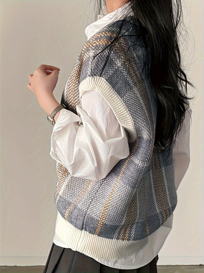 Chaleco de Suéter a Cuadros Cómodo para Mujeres con Cuello en V Sin Mangas y Ribete Acanalado Estilo Oversized