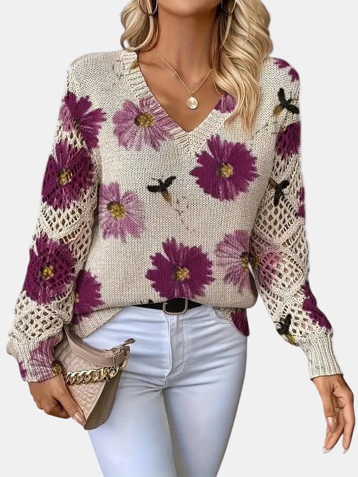 Suéter de Ganchillo Floral Cómodo para Mujeres con Cuello en V y Mangas de Globo, Estilo Oversized