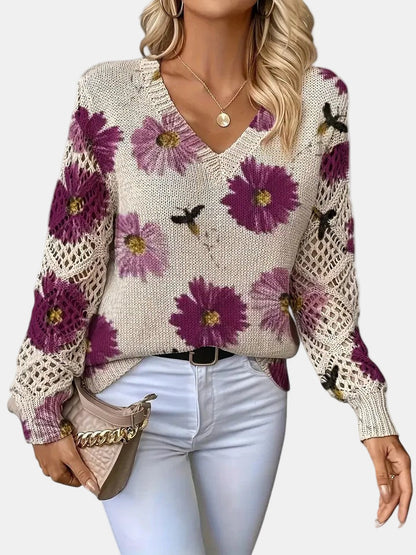 Suéter de Ganchillo Floral Cómodo para Mujeres con Cuello en V y Mangas de Globo, Estilo Oversized