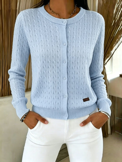 Suéter de Cárdigan de Punto Trenzado Cómodo para Mujeres con Cuello Redondo, Manga Larga y Estilo Casual Relajado