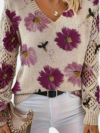Suéter de Ganchillo Floral Cómodo para Mujeres con Cuello en V y Mangas de Globo, Estilo Oversized