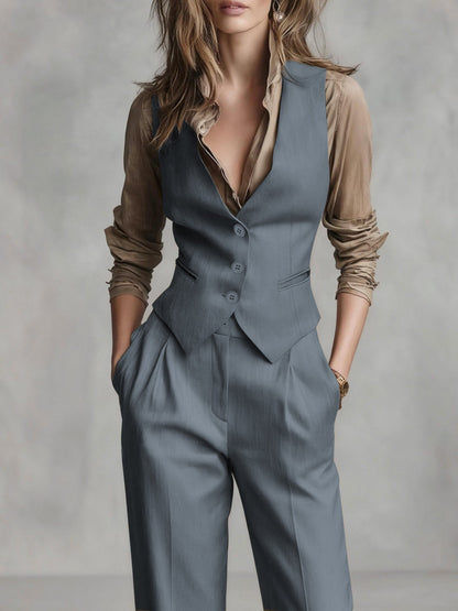 Conjunto de Dos Piezas Elegante en Color Marrón Café para Mujeres con Chaleco de Botones y Pantalón de Pierna Ancha Estilo Formal