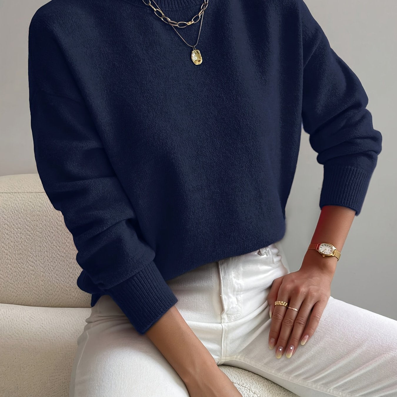 Suéter de punto cómodo para mujeres con cuello alto, mangas largas y estilo relajado y oversized