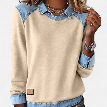 Sudadera de Denim Cómoda con Cuello en Capas para Mujeres, Manga Larga, Estilo Casual a Rayas