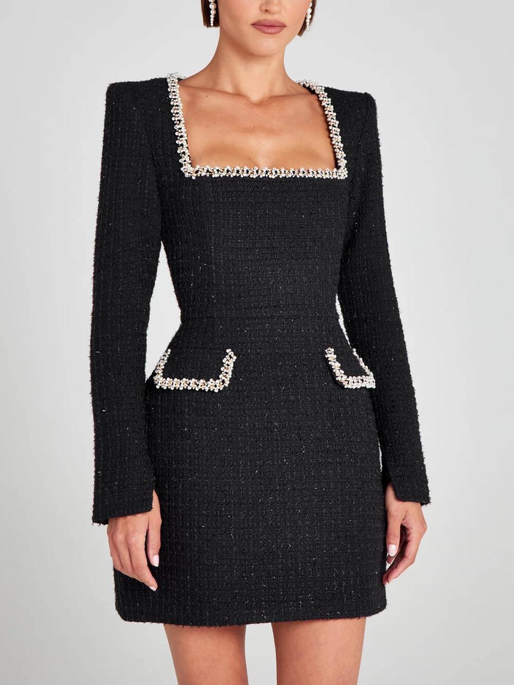 Elegante Vestido Mini de Tweed para Mujeres con Cuello Alto, Mangas Cortas y Bolsillos Decorados para Cóctel