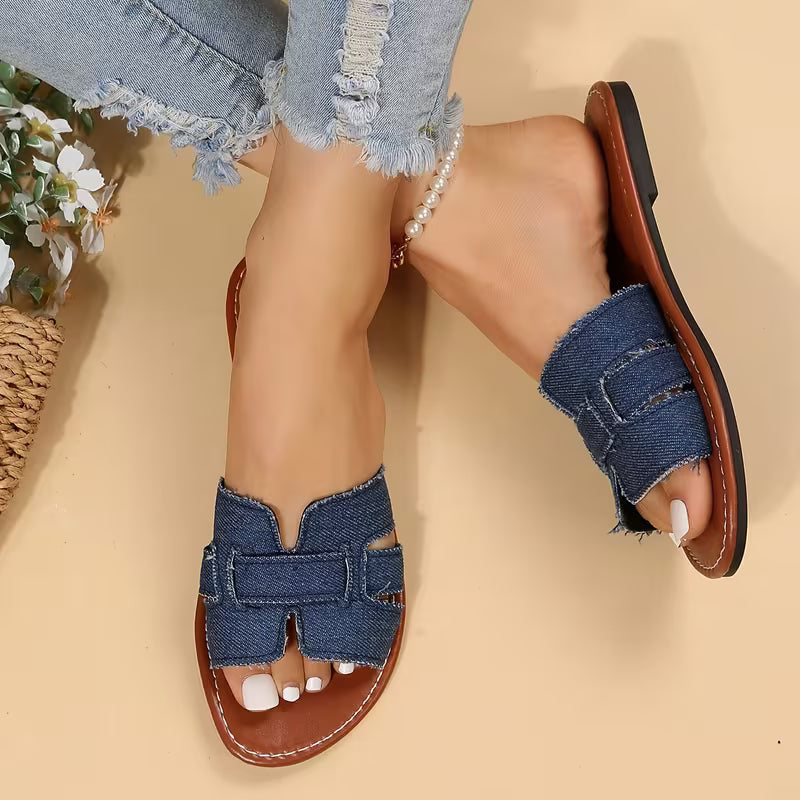 Sandalias Planas Cómodas para Mujeres con Tira Ancha Recortada Estilo Abierto