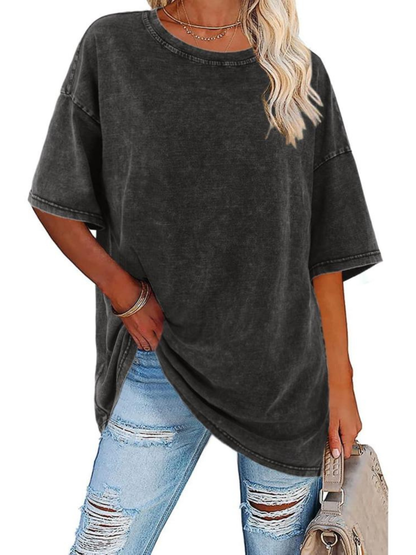 Túnica de Algodón Lavado Sin Esfuerzo para Mujeres con Cuello Redondo y Manga Corta, Estilo Oversized y Casual