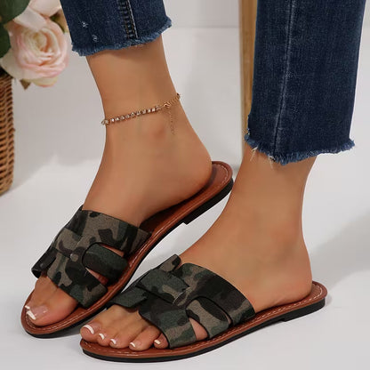 Sandalias Planas Cómodas para Mujeres con Tira Ancha Recortada Estilo Abierto