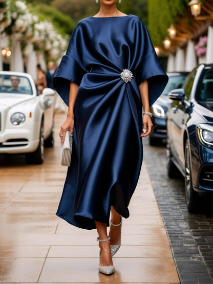 Vestido Midi de Satén Elegante para Mujeres con Cuello Barco, Manga Murciélago y Broche Drapeado para Invitadas de Boda