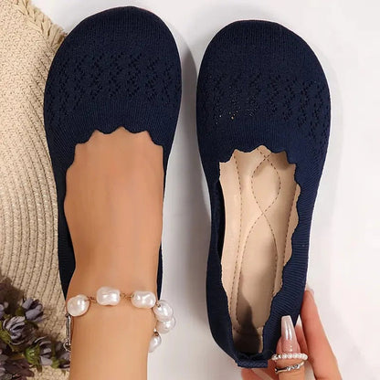 Zapatos Slip On Cómodos para Mujeres con Parte Superior de Tejido y Borde Ondulado, Estilo Bailarina Acolchada