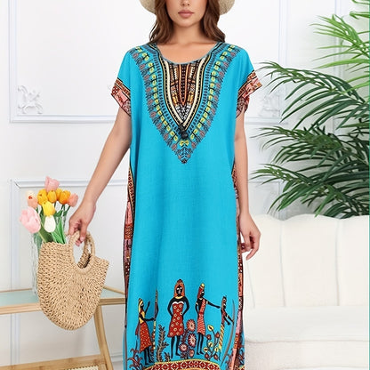 Vestido Kaftán de Impresión Tribal Sin Esfuerzo para Mujeres con Escote en V y Manga Corta Estilo Bohemio