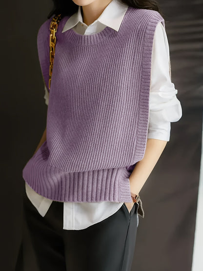Chaleco de Suéter Acanalado Cómodo para Mujeres con Cuello Redondo Sin Mangas Estilo Oversized